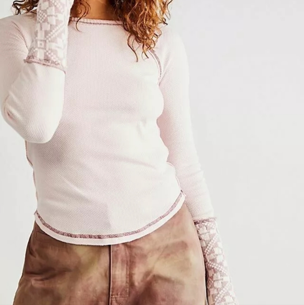 Free People NWT Rose Pink Long Sleeve Thermal Reversible Cuffs Contrast Stitch S